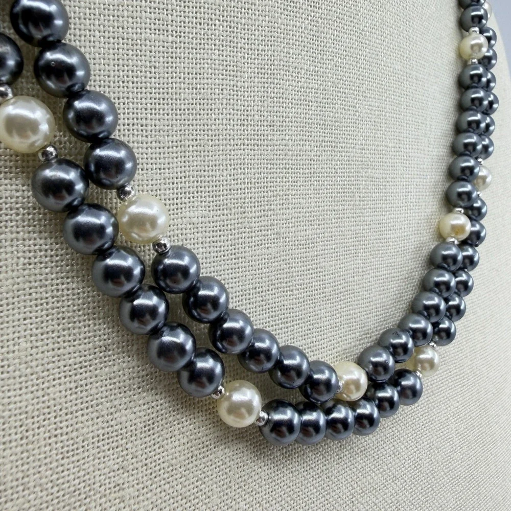Gray Cream Faux Pearl Extra Long Wrap Necklace Silver Tone Boho Statement Gift